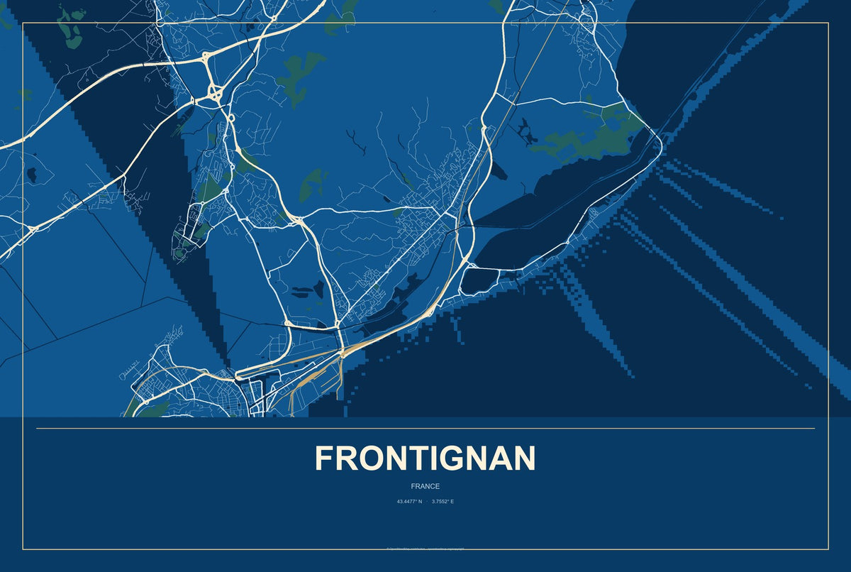 Frontignan, France City Map Aluminum Sign in Harbor Cobalt style