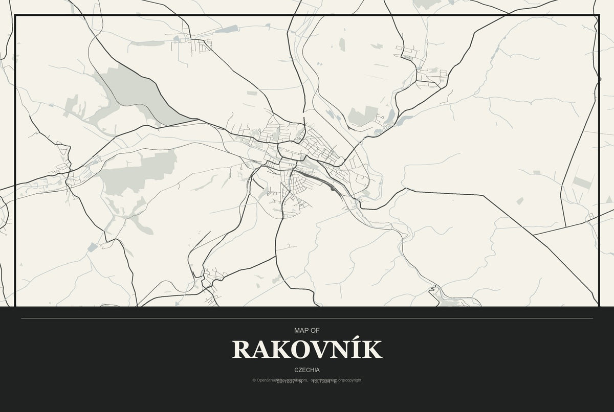Rakovník, Czechia City Map Aluminum Sign in Museum Plaque style