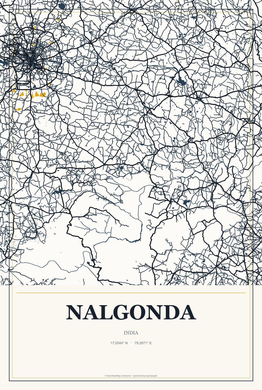 Nalgonda, India City Map Aluminum Sign in Citrine Modern style