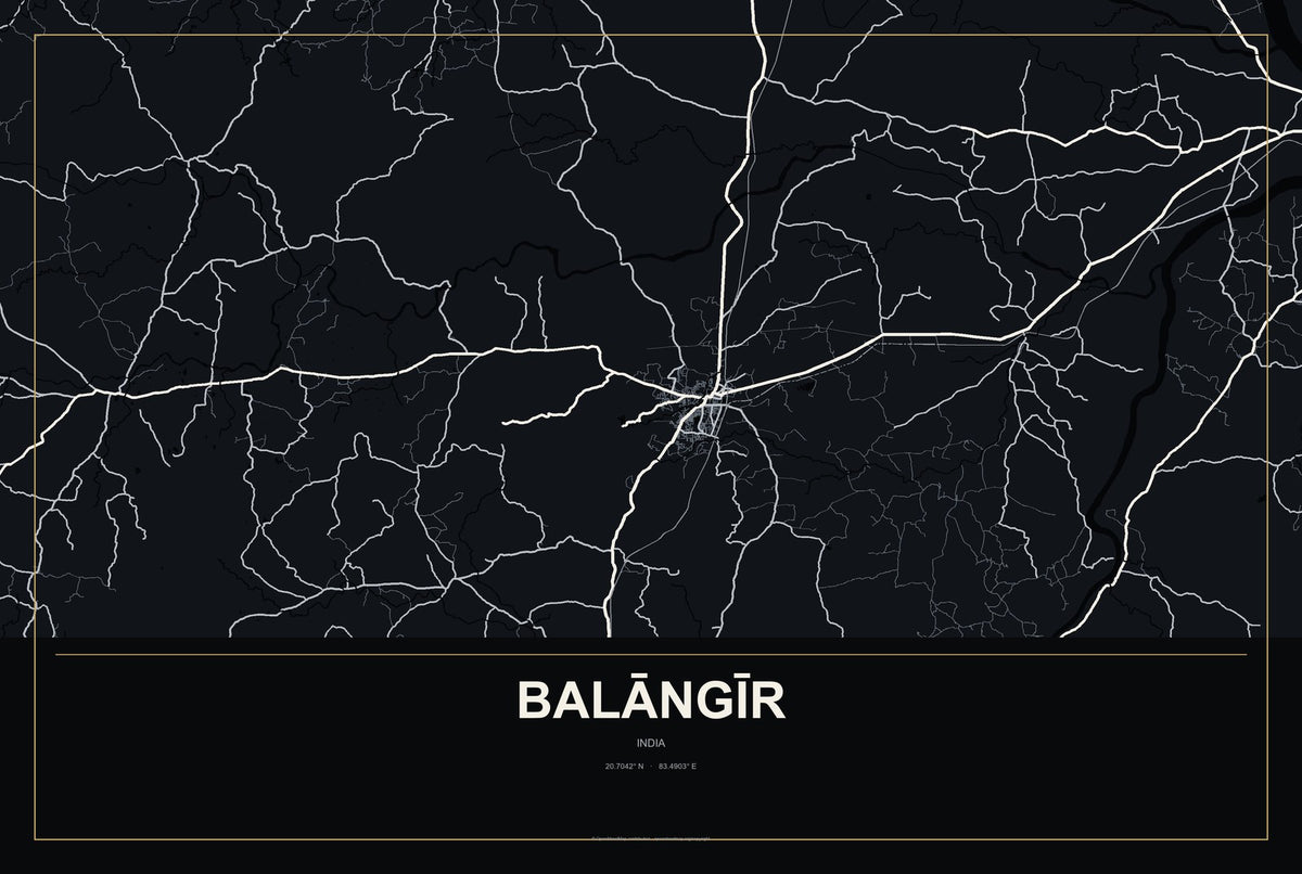 Balāngīr, India City Map Aluminum Sign in Metropolitan Noir style