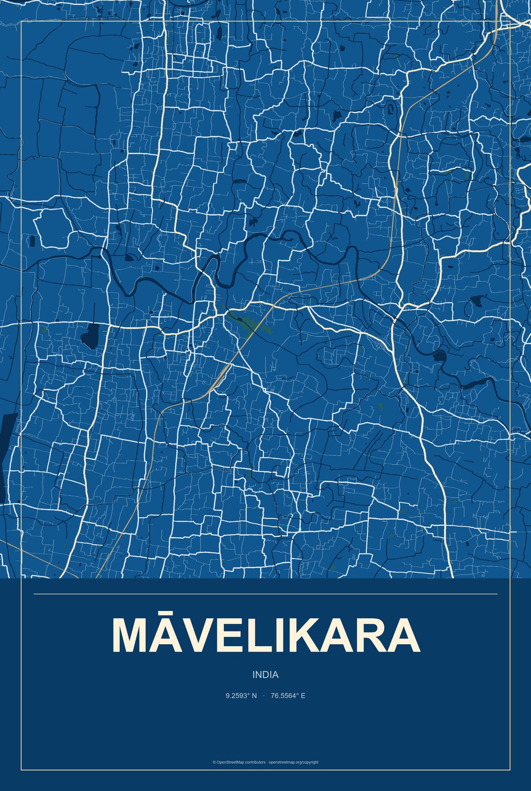 Māvelikara, India City Map Aluminum Sign in Harbor Cobalt style