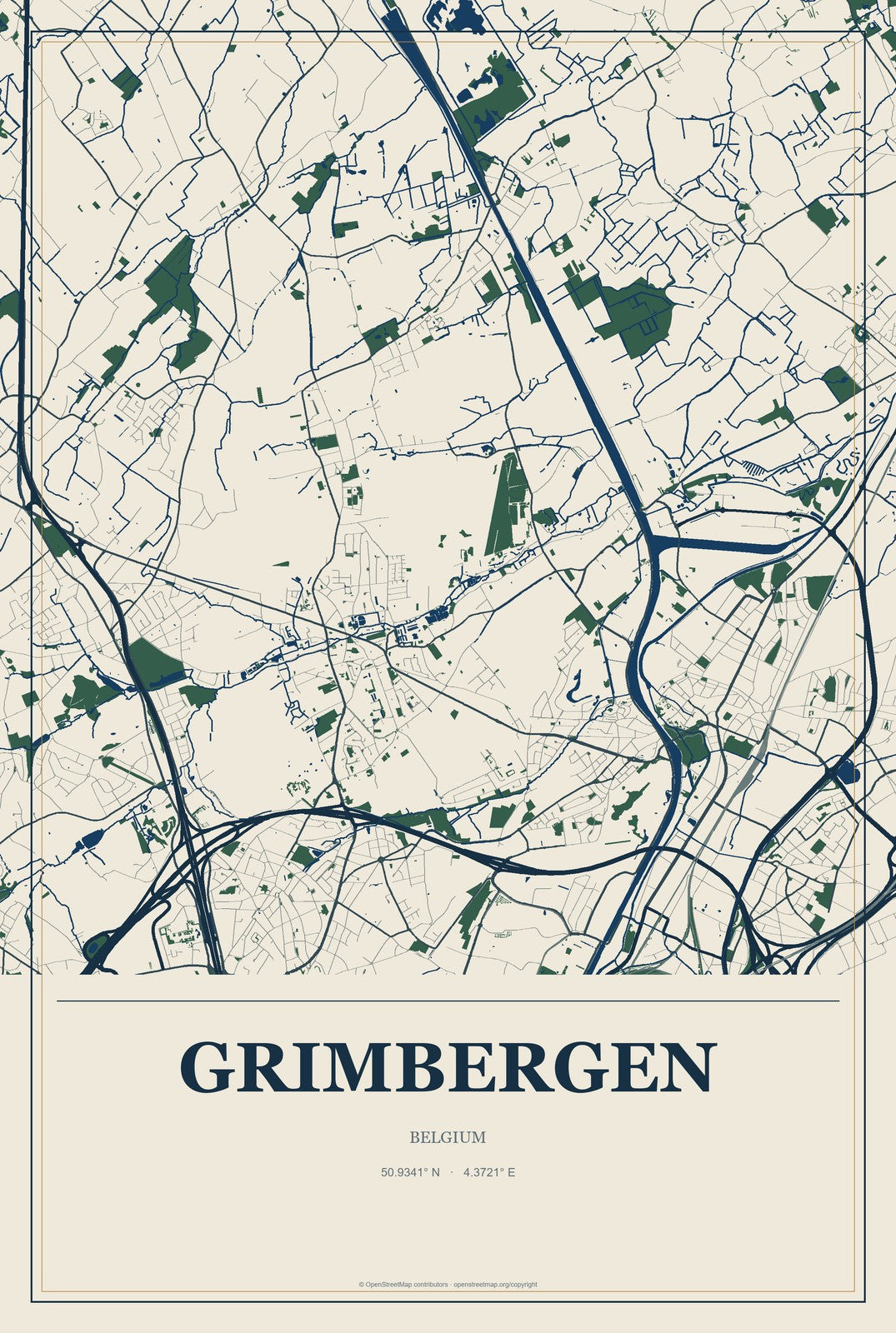 Grimbergen, Belgium City Map Aluminum Sign in Coastal Cutout style
