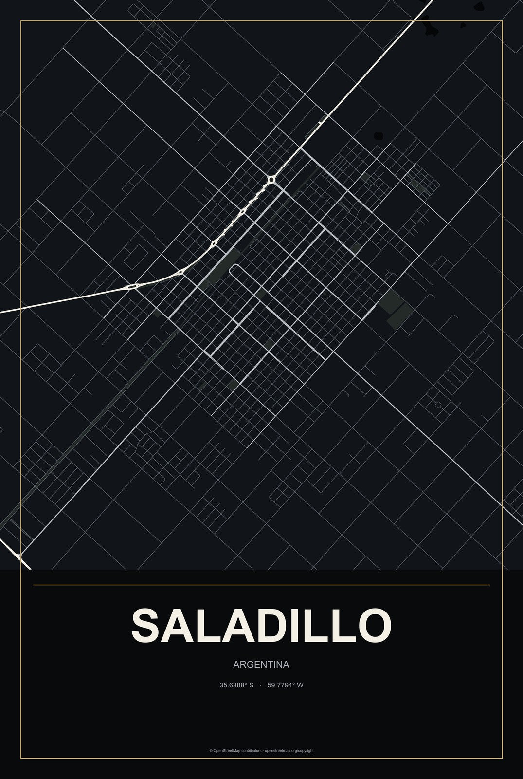 Saladillo, Argentina City Map Aluminum Sign in Metropolitan Noir style