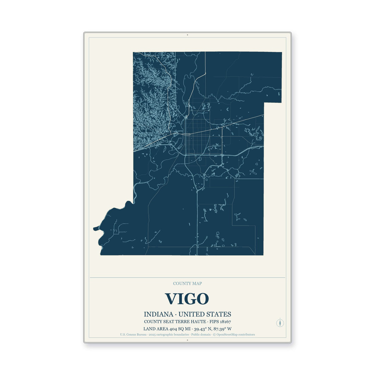 Vigo County, Indiana Map Aluminum Sign in Coastal Cutout style