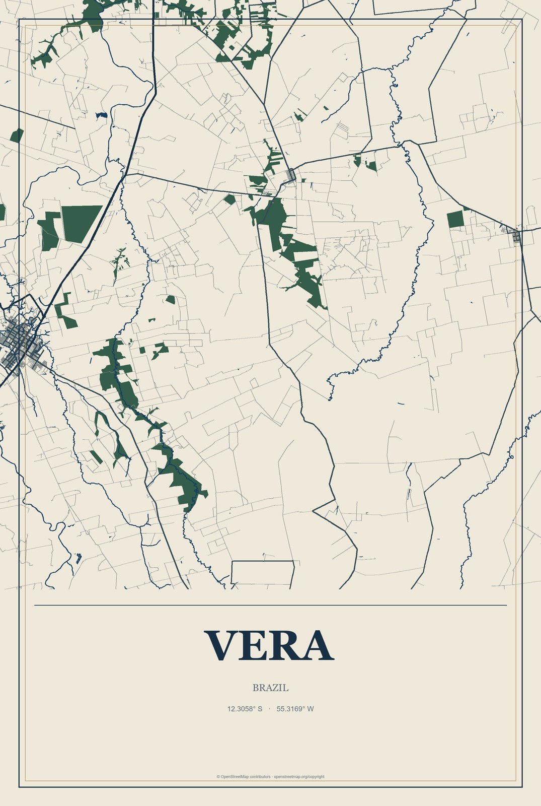 Vera, Brazil City Map Aluminum Sign in Coastal Cutout style