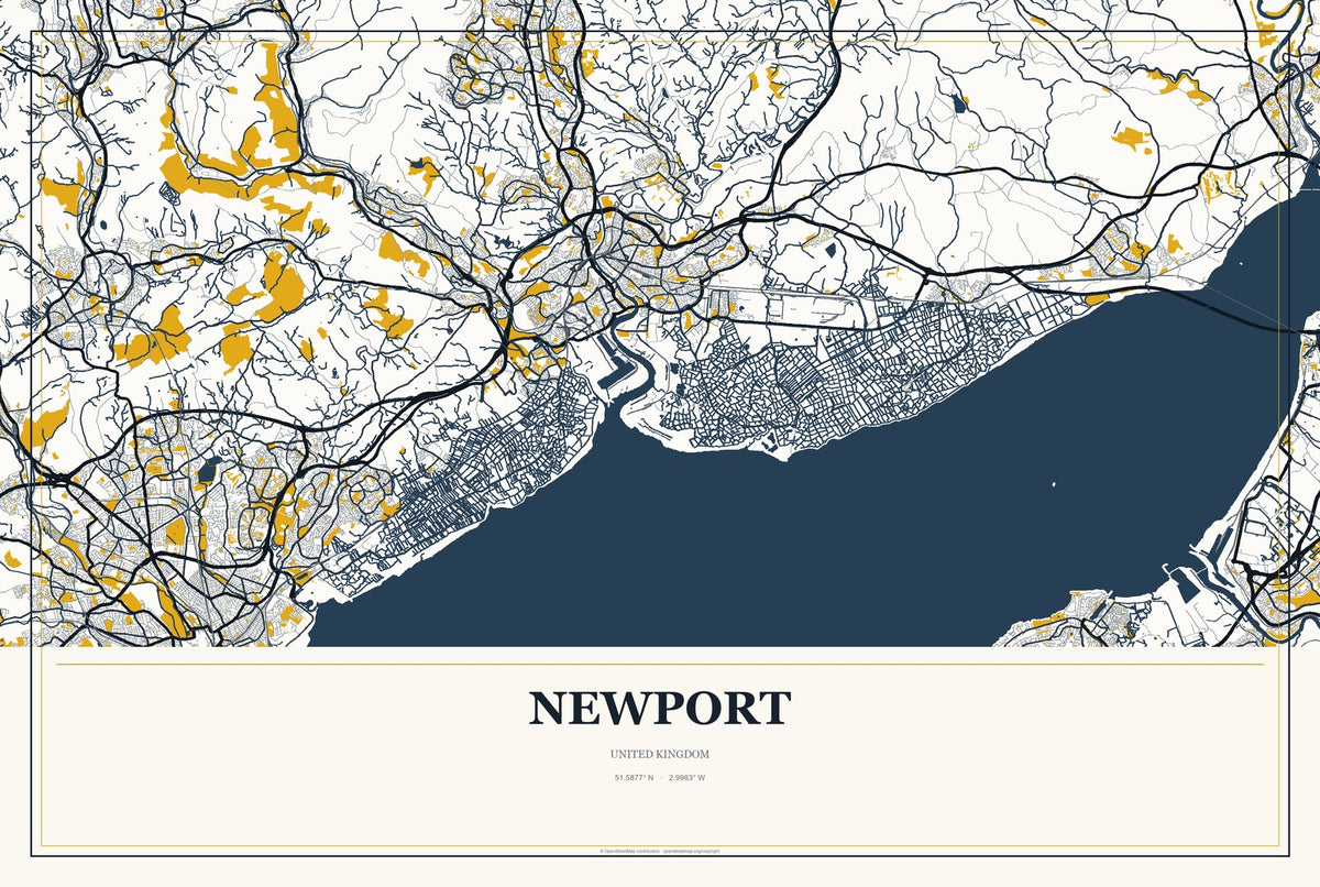 Newport, England, United Kingdom City Map Aluminum Sign in Citrine Modern style