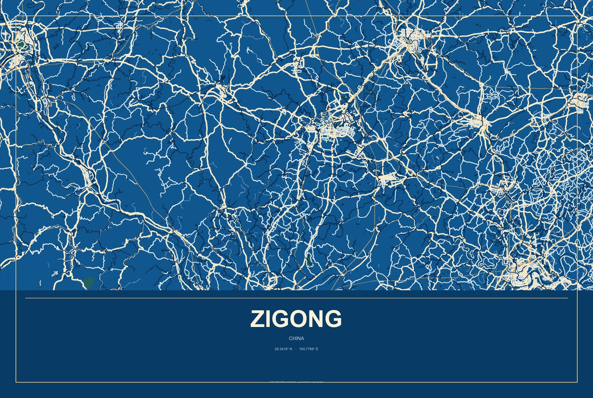 Zigong, China City Map Aluminum Sign in Harbor Cobalt style