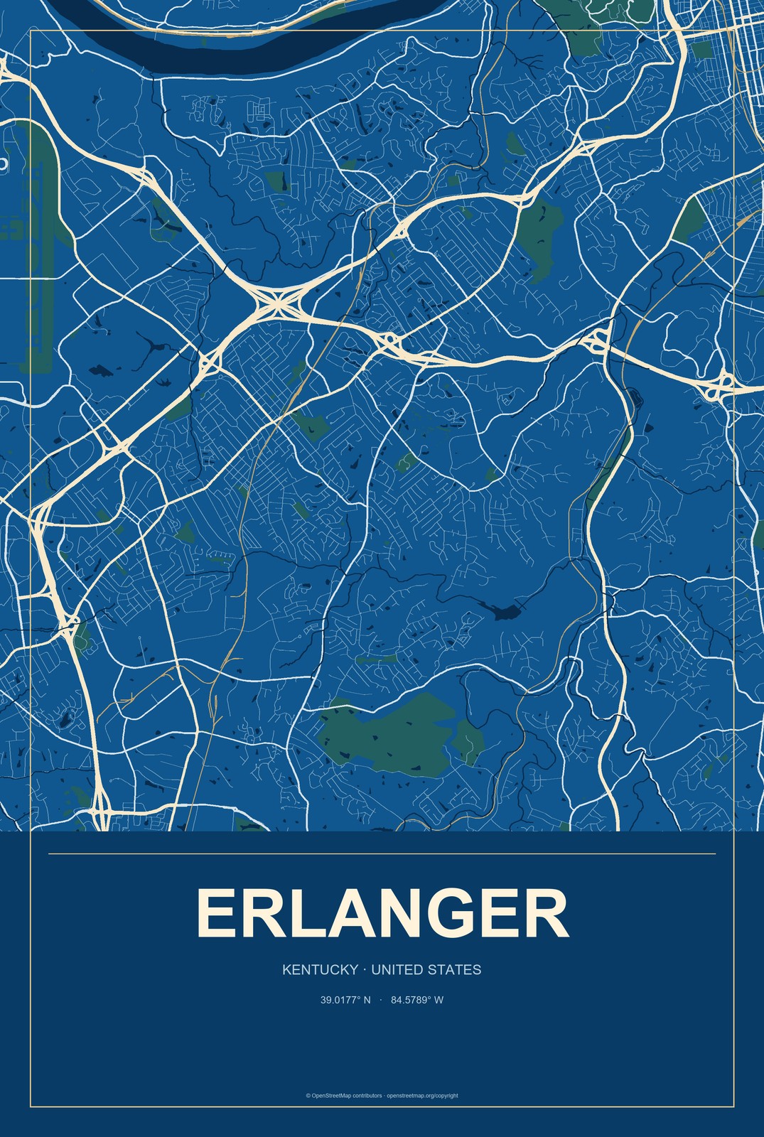 Erlanger, Kentucky City Map Aluminum Sign in Harbor Cobalt style