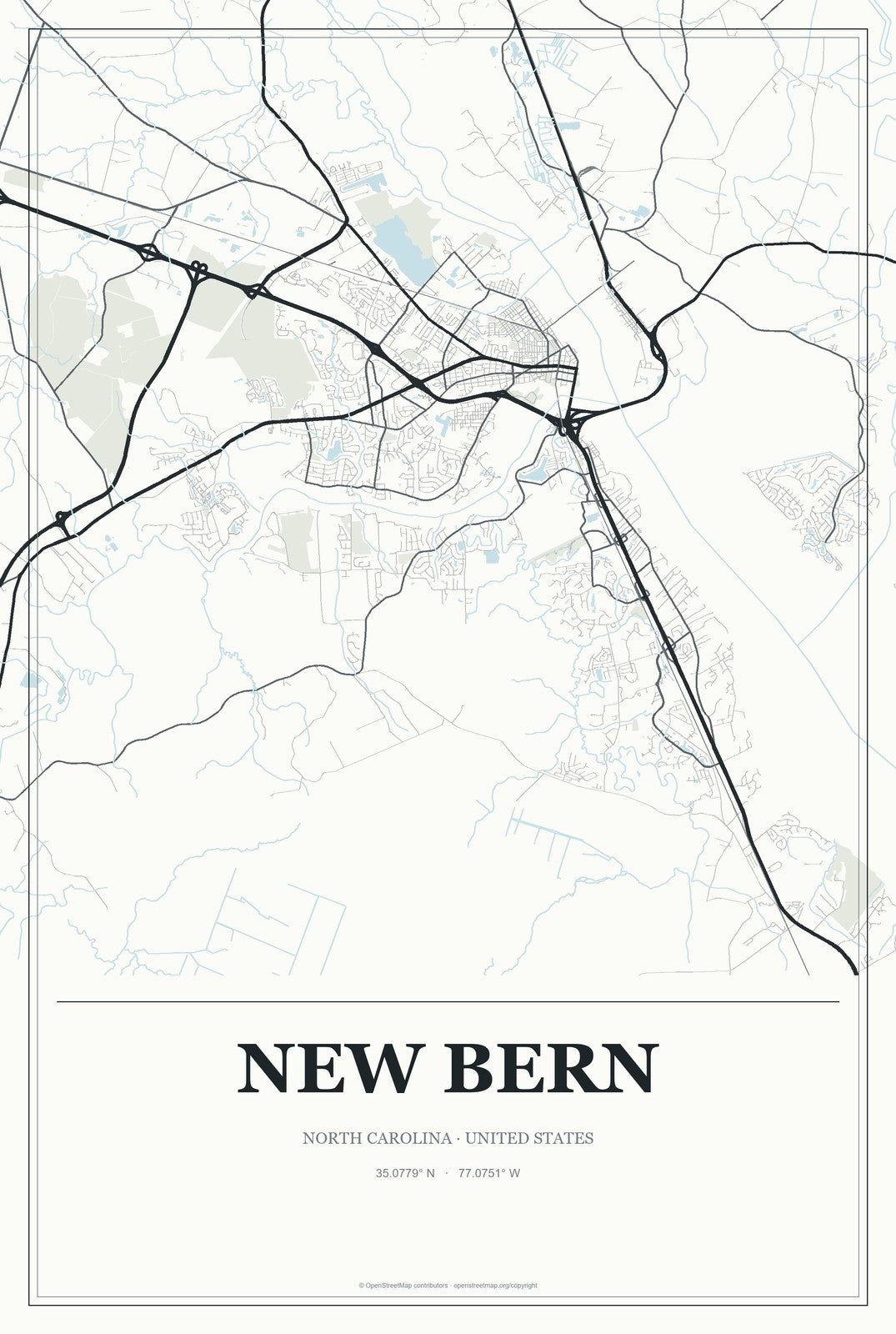New Bern, North Carolina City Map Aluminum Sign in Gallery Air style