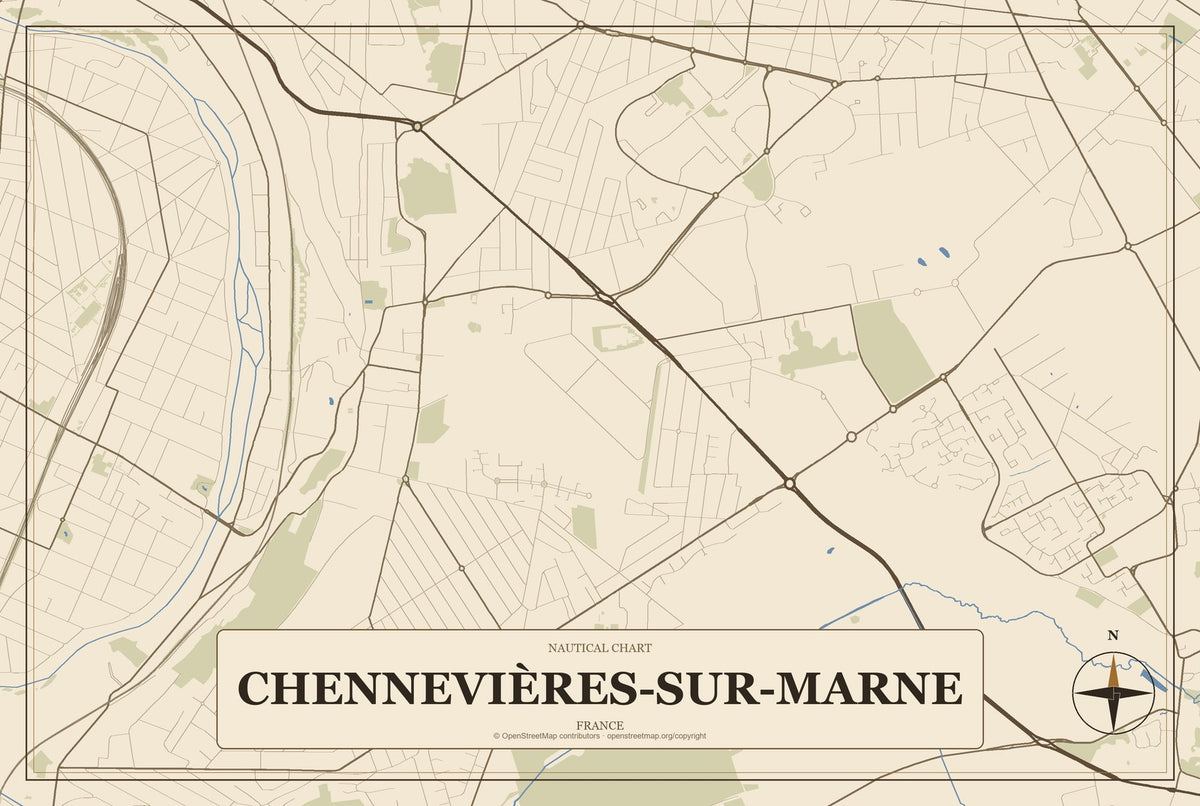 Chennevières-sur-Marne, France City Map Aluminum Sign in Heritage Nautical style
