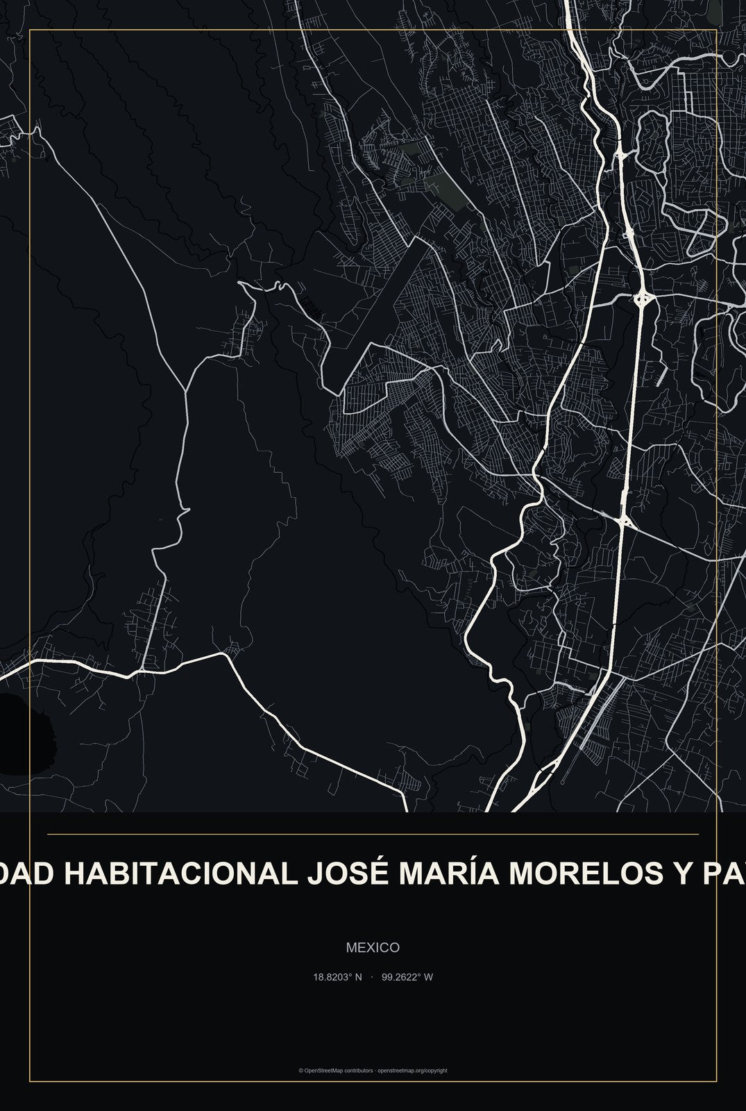 Unidad Habitacional José María Morelos y Pavón, Mexico City Map Aluminum Sign in Metropolitan Noir style