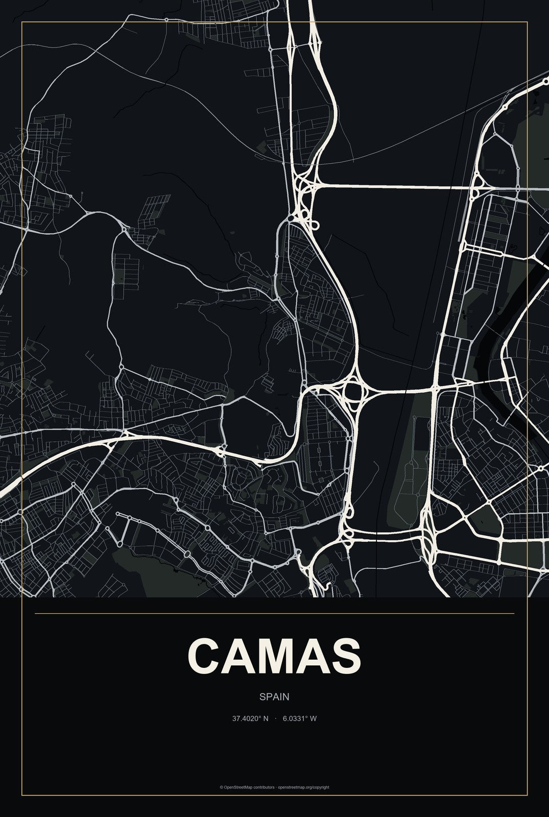 Camas, Spain City Map Aluminum Sign in Metropolitan Noir style