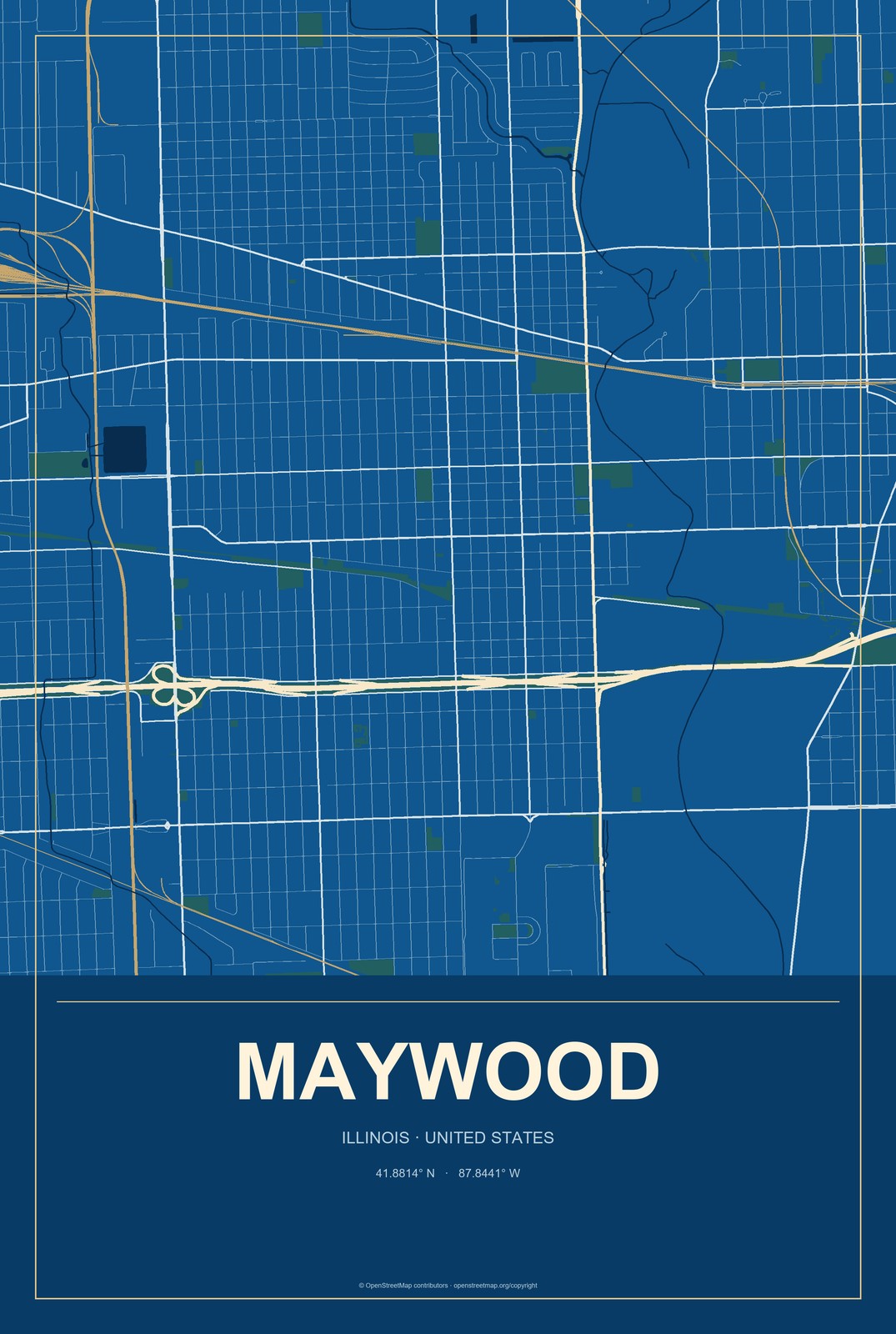 Maywood, Illinois City Map Aluminum Sign in Harbor Cobalt style