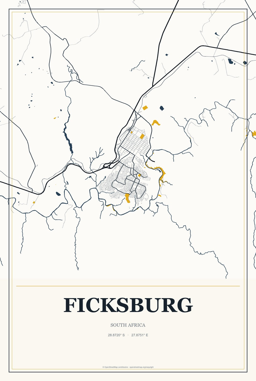 Ficksburg, South Africa City Map Aluminum Sign in Citrine Modern style