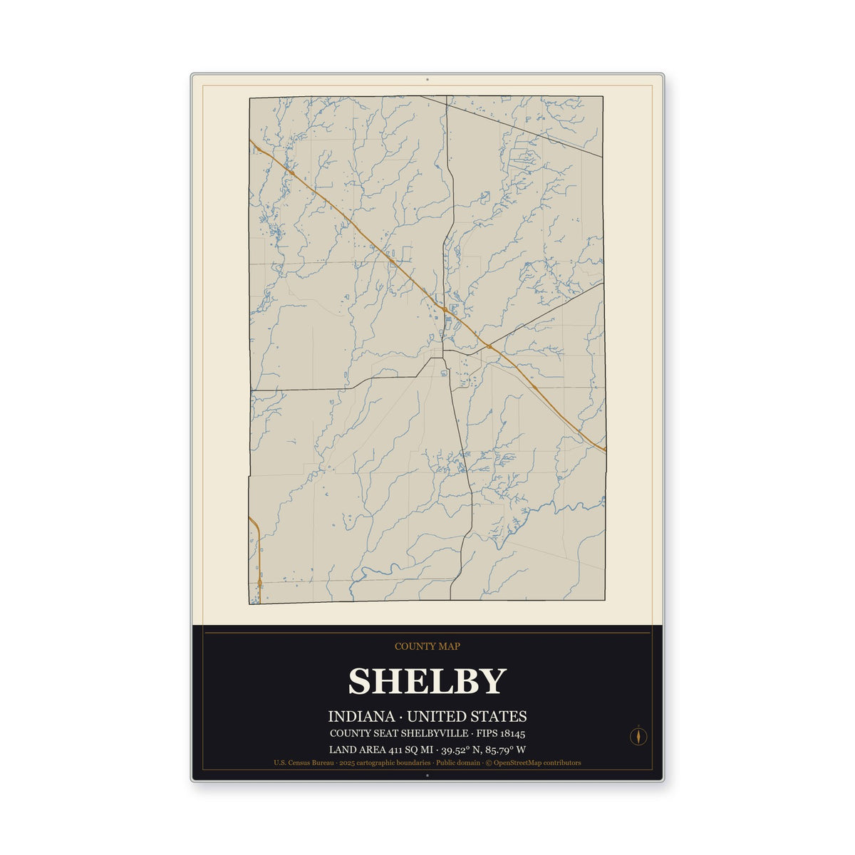 Shelby County, Indiana Map Aluminum Sign in Museum Plaque style