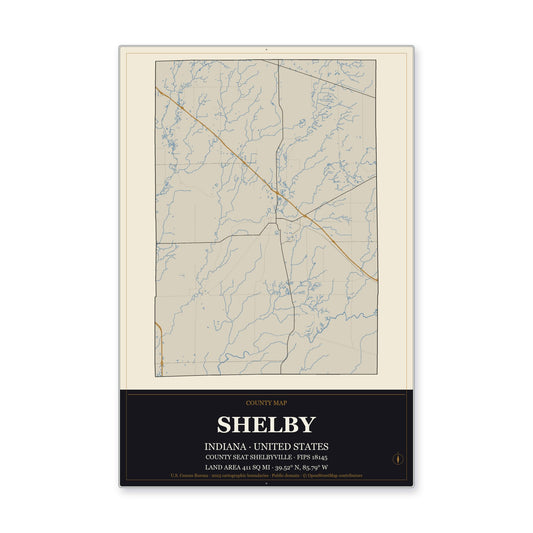 Shelby County, Indiana Map Aluminum Sign in Museum Plaque style