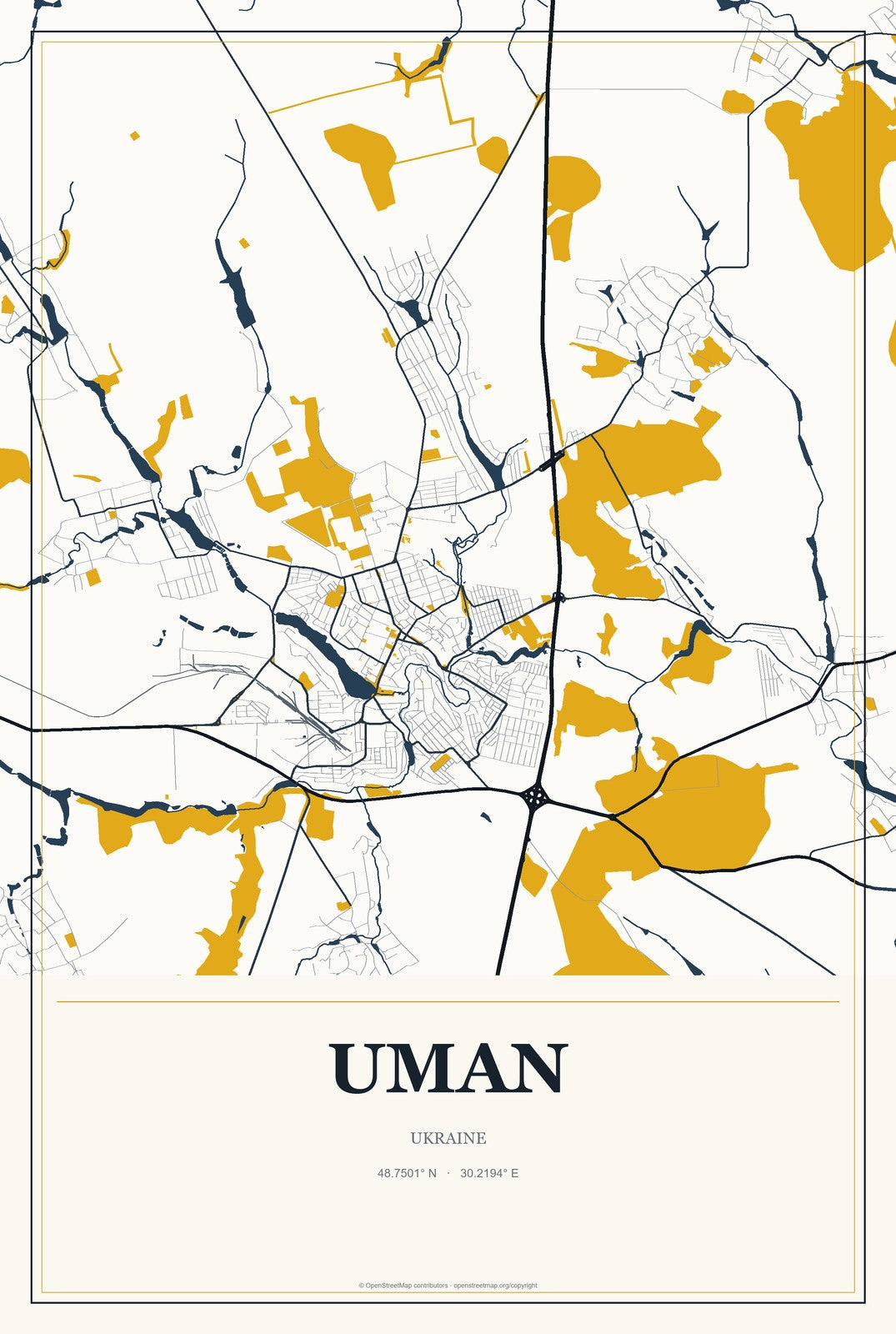 Uman, Ukraine City Map Aluminum Sign in Citrine Modern style