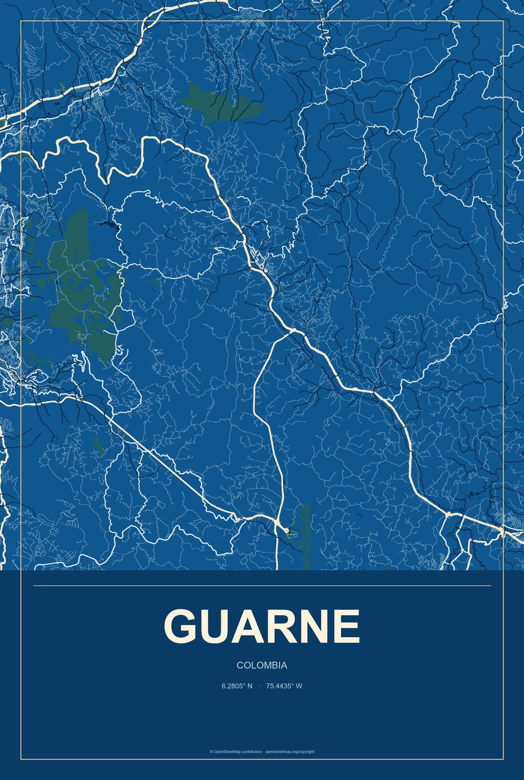 Guarne, Colombia City Map Aluminum Sign in Harbor Cobalt style