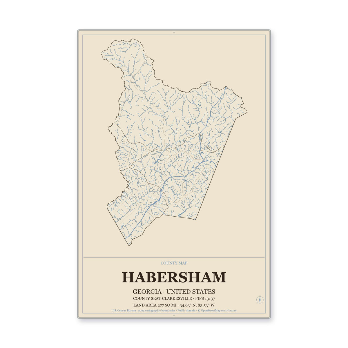 Habersham County, Georgia Map Aluminum Sign in Heritage Nautical style