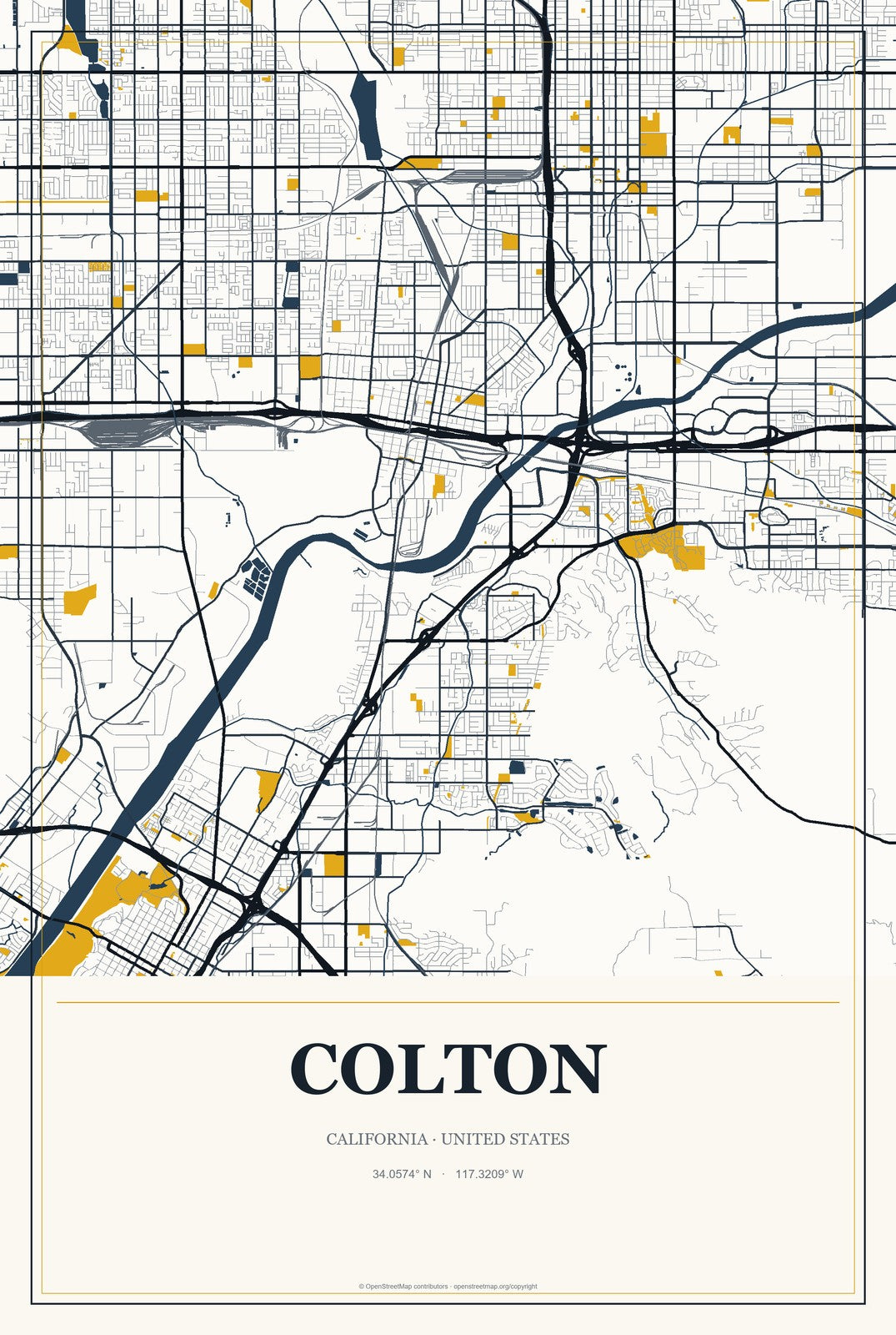Colton, California City Map Aluminum Sign in Citrine Modern style