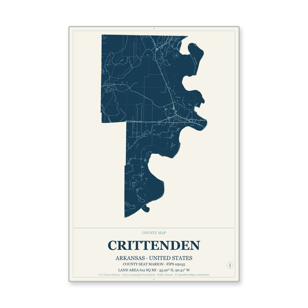 Crittenden County, Arkansas Map Aluminum Sign in Coastal Cutout style