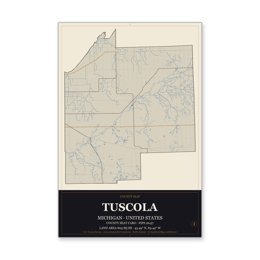 Tuscola County, Michigan Map Aluminum Sign in Museum Plaque style