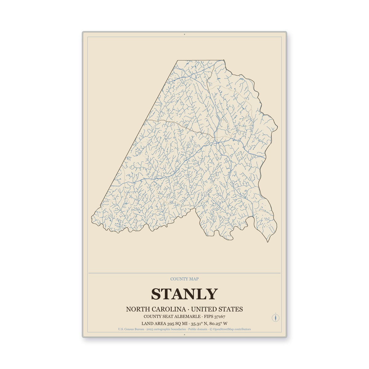 Stanly County, North Carolina Map Aluminum Sign in Heritage Nautical style