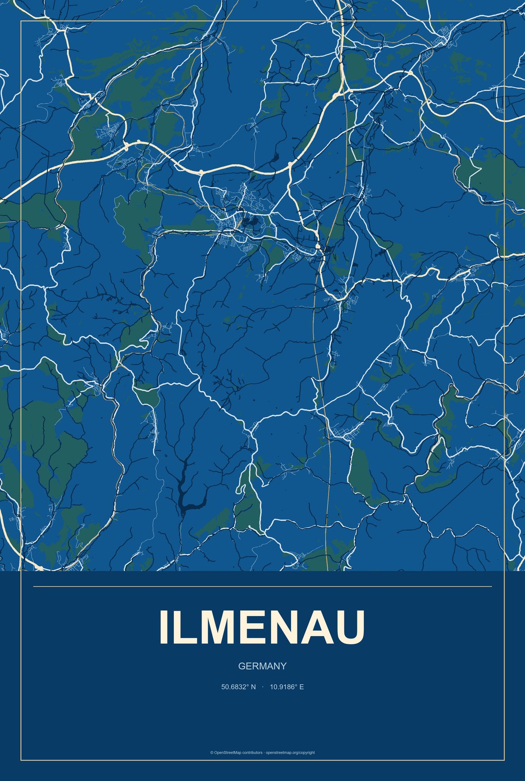 Ilmenau, Germany City Map Aluminum Sign in Harbor Cobalt style