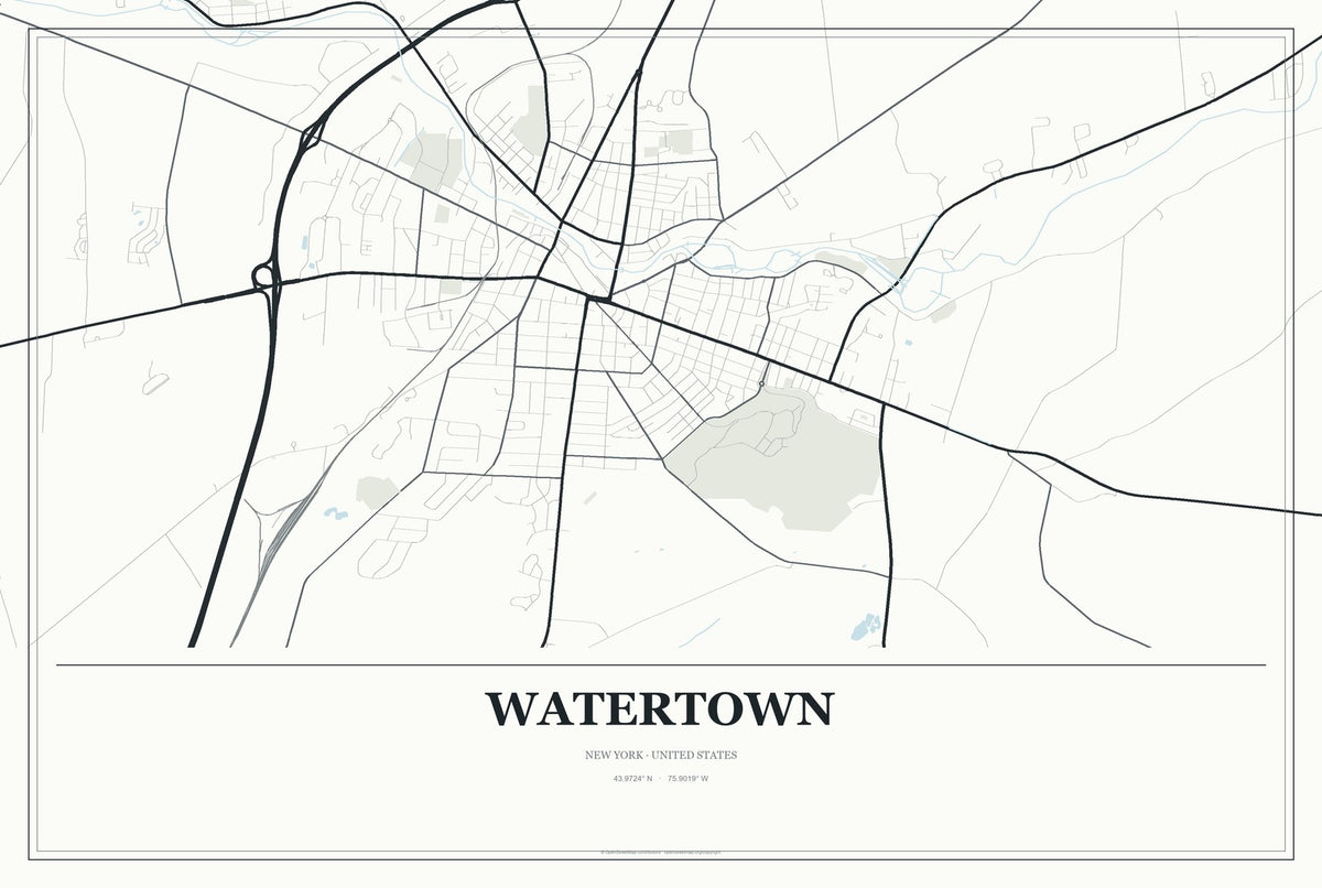 Watertown, New York City Map Aluminum Sign in Gallery Air style