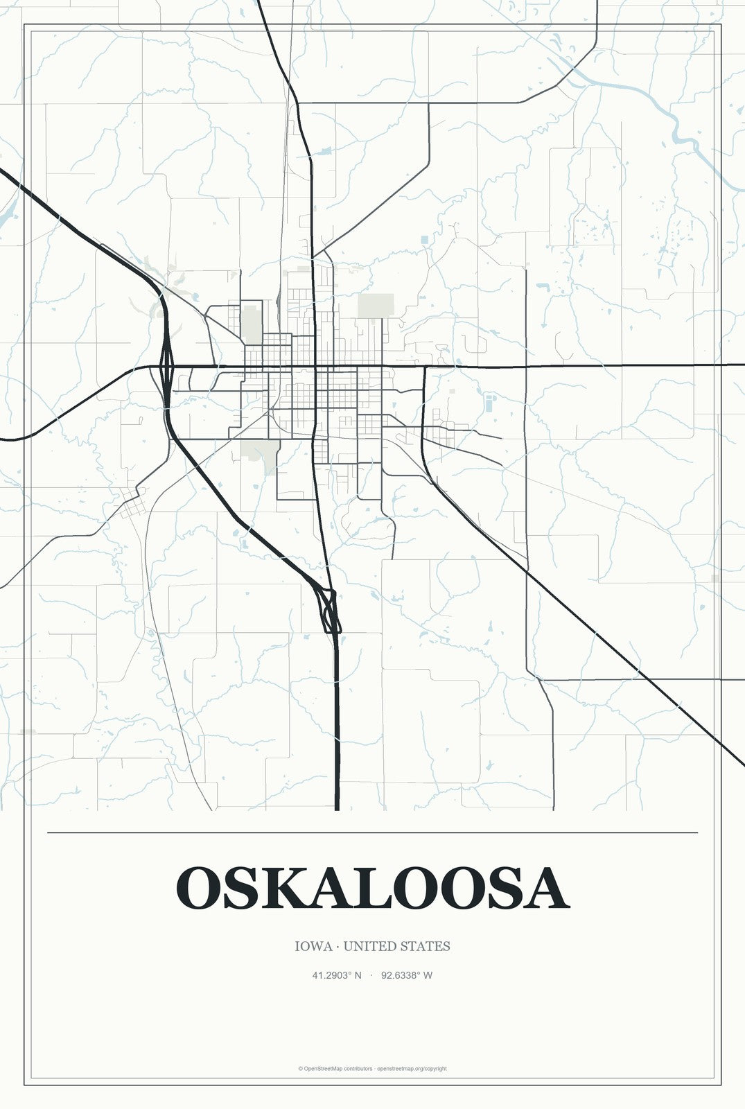 Oskaloosa, Iowa City Map Aluminum Sign in Gallery Air style