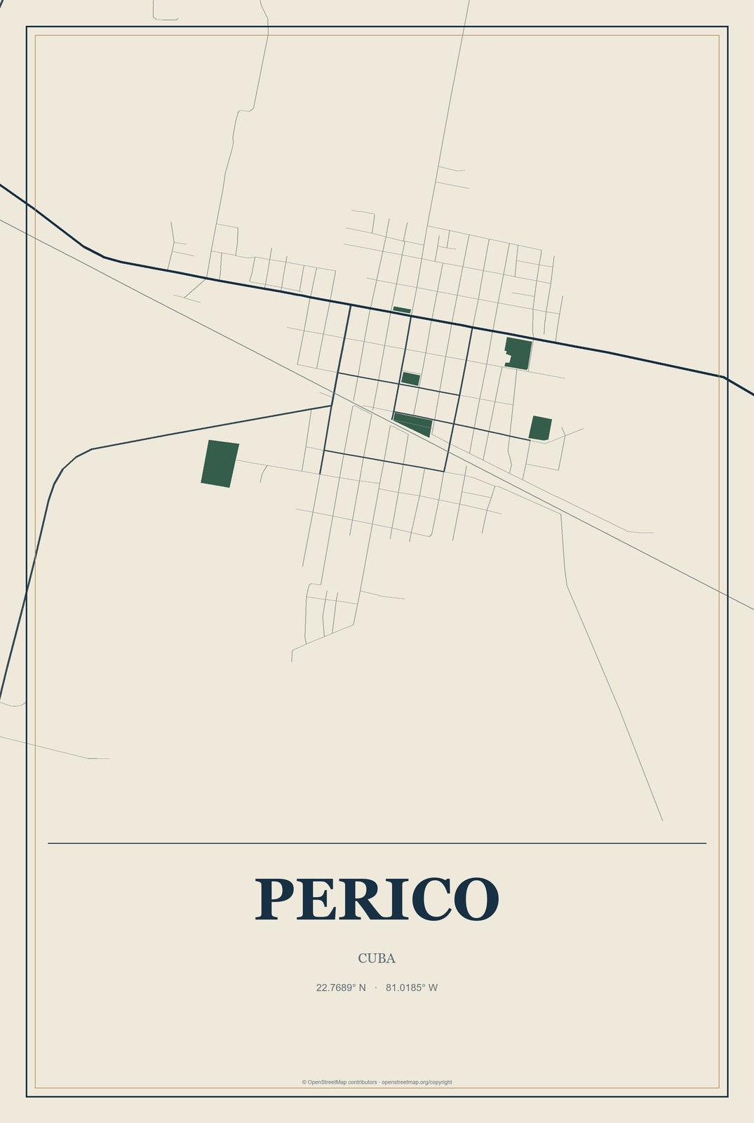 Perico, Cuba City Map Aluminum Sign in Coastal Cutout style