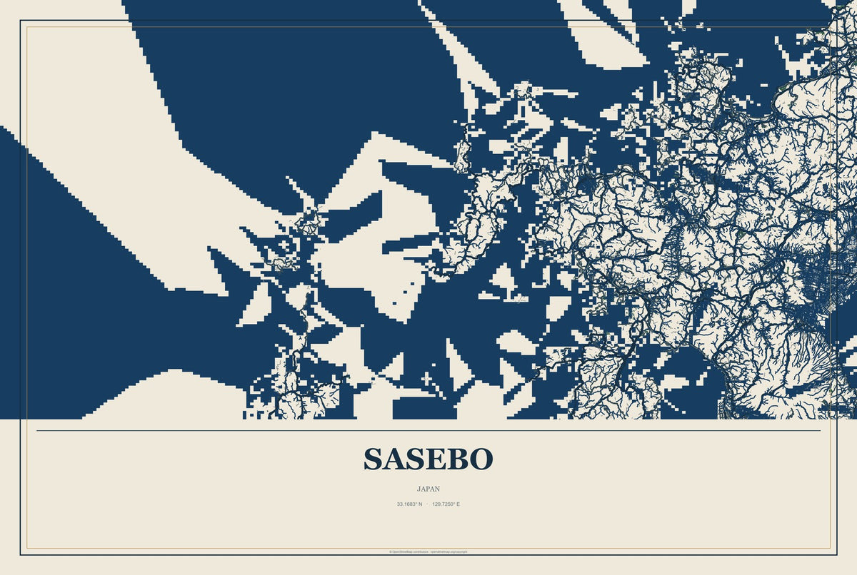 Sasebo, Japan City Map Aluminum Sign in Coastal Cutout style