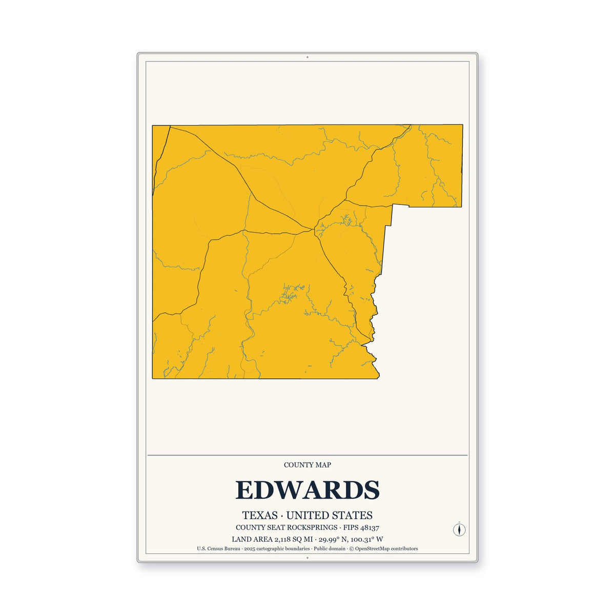 Edwards County, Texas Map Aluminum Sign in Citrine Modern style