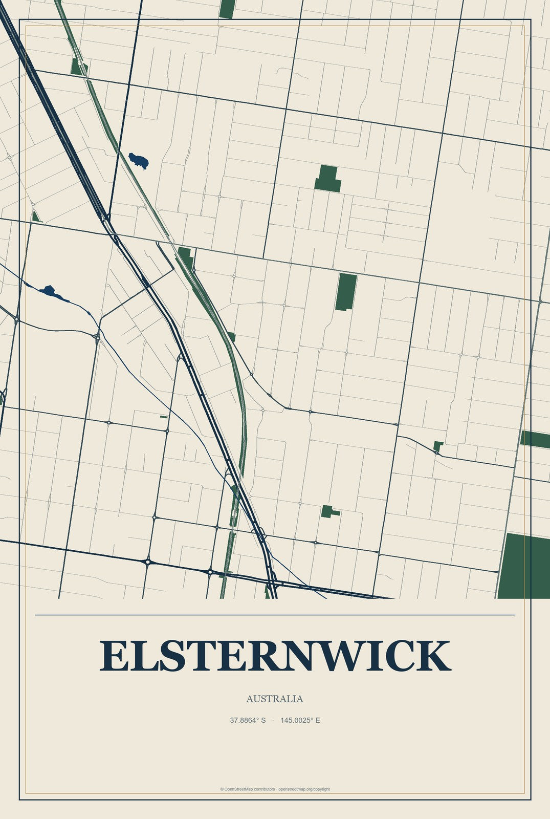 Elsternwick, Australia City Map Aluminum Sign in Coastal Cutout style