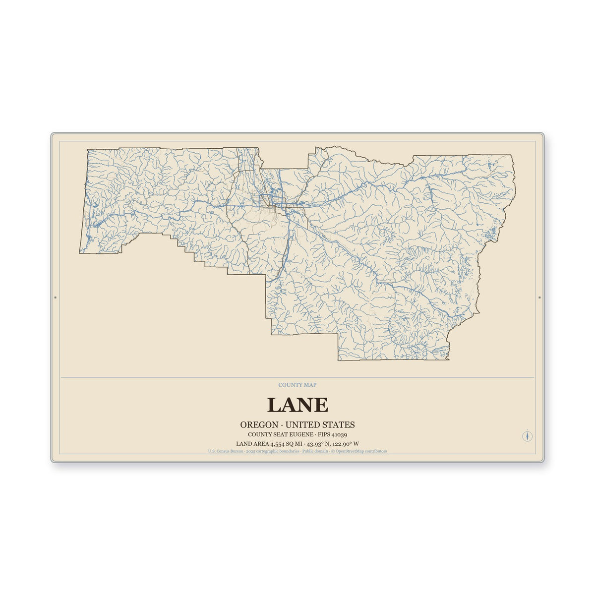 Lane County, Oregon Map Aluminum Sign in Heritage Nautical style