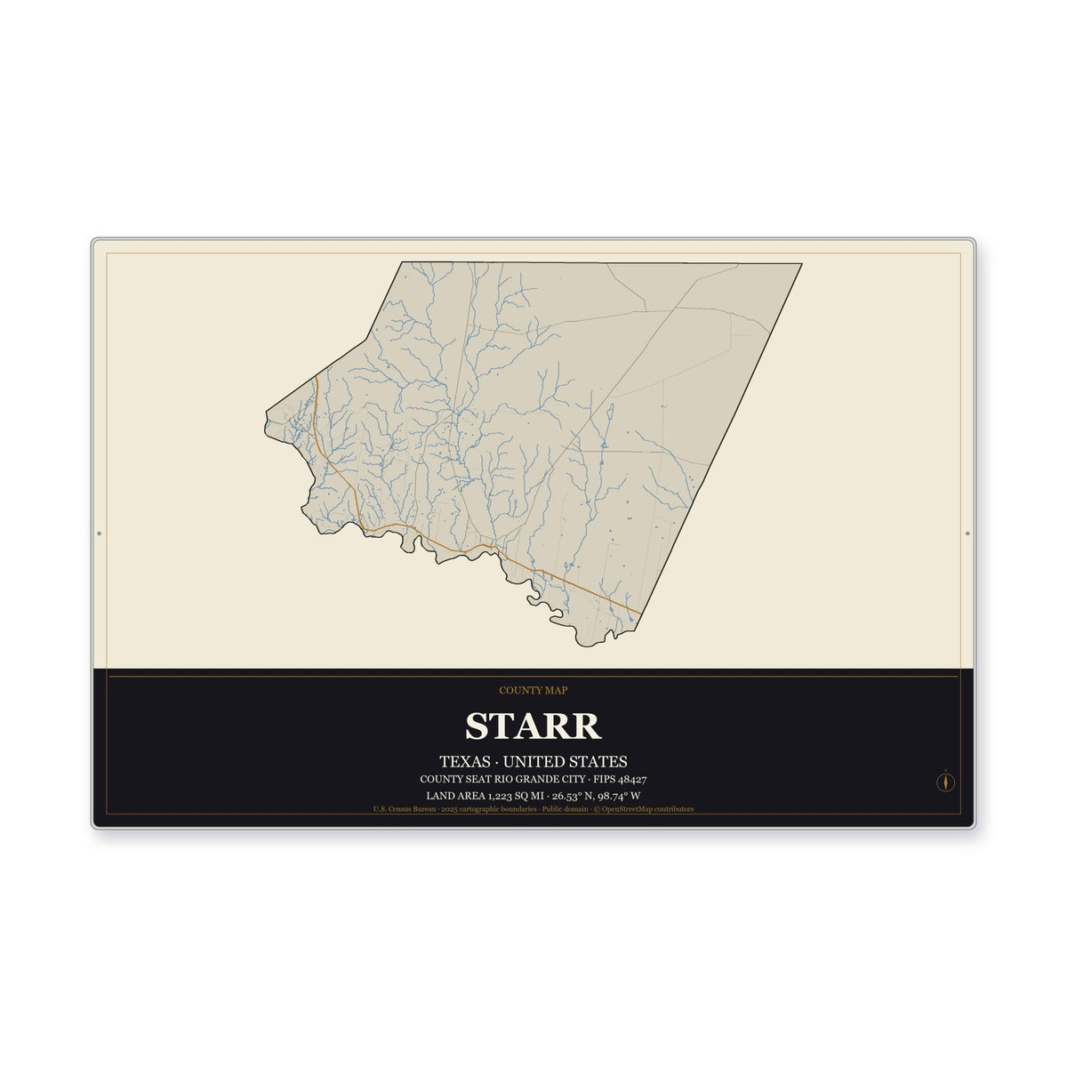 Starr County, Texas Map Aluminum Sign in Museum Plaque style