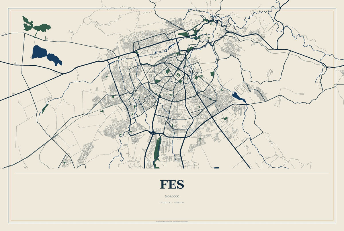 Fes, Morocco City Map Aluminum Sign in Coastal Cutout style