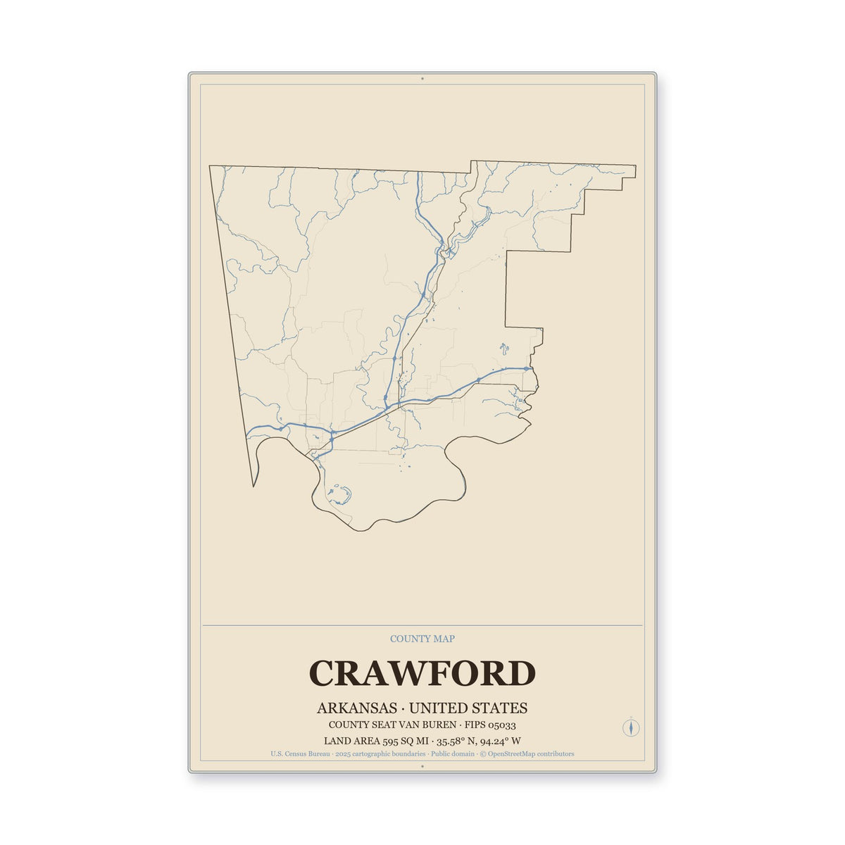 Crawford County, Arkansas Map Aluminum Sign in Heritage Nautical style