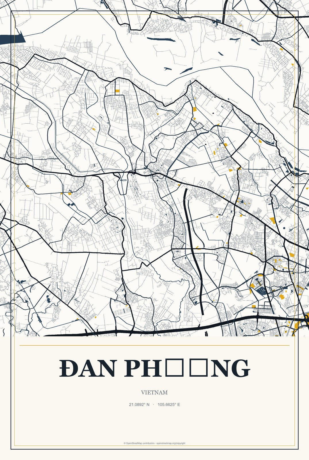 Đan Phượng, Vietnam City Map Aluminum Sign in Citrine Modern style