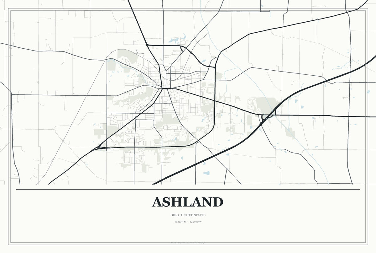 Ashland, Ohio City Map Aluminum Sign in Gallery Air style