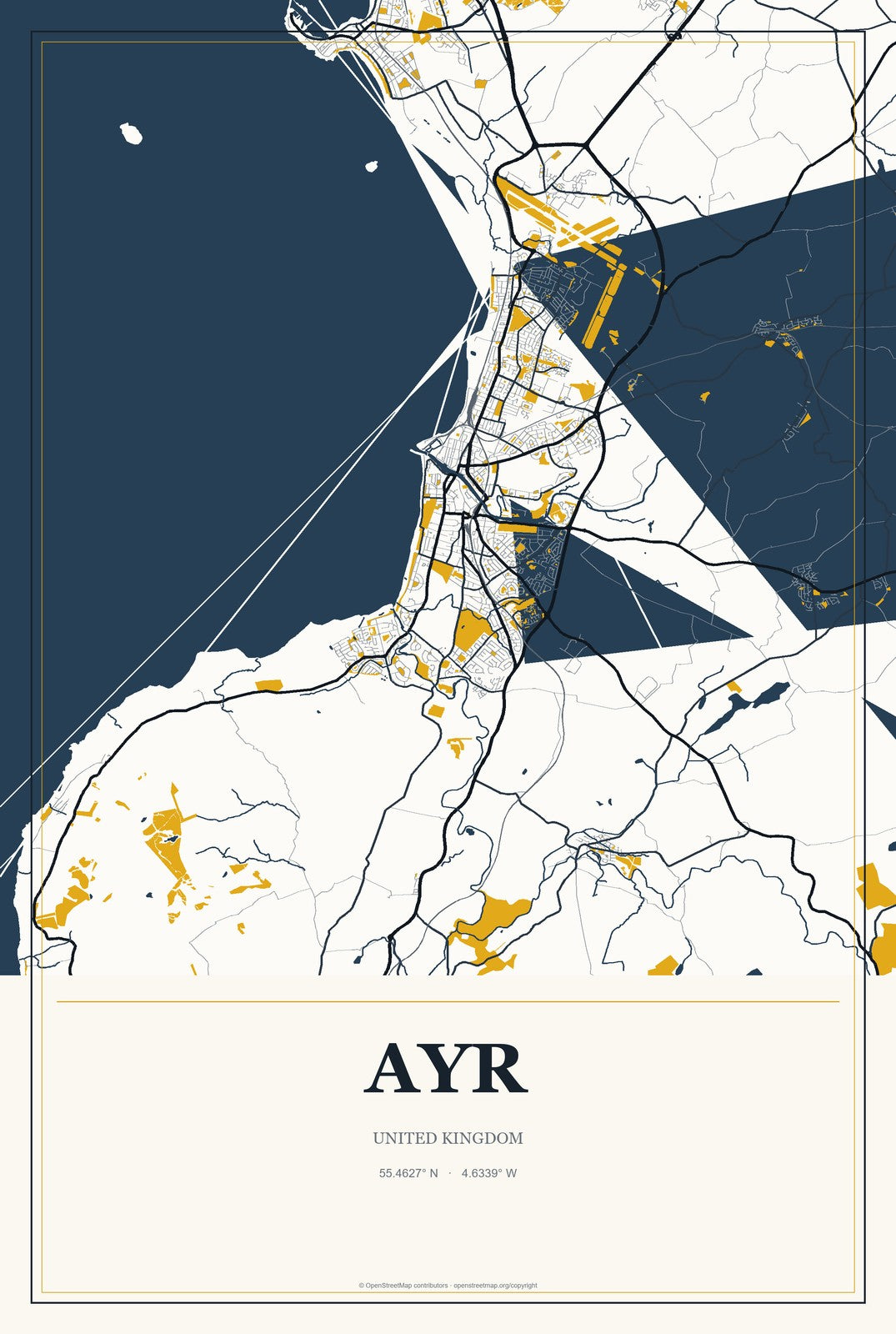 Ayr, United Kingdom City Map Aluminum Sign in Citrine Modern style