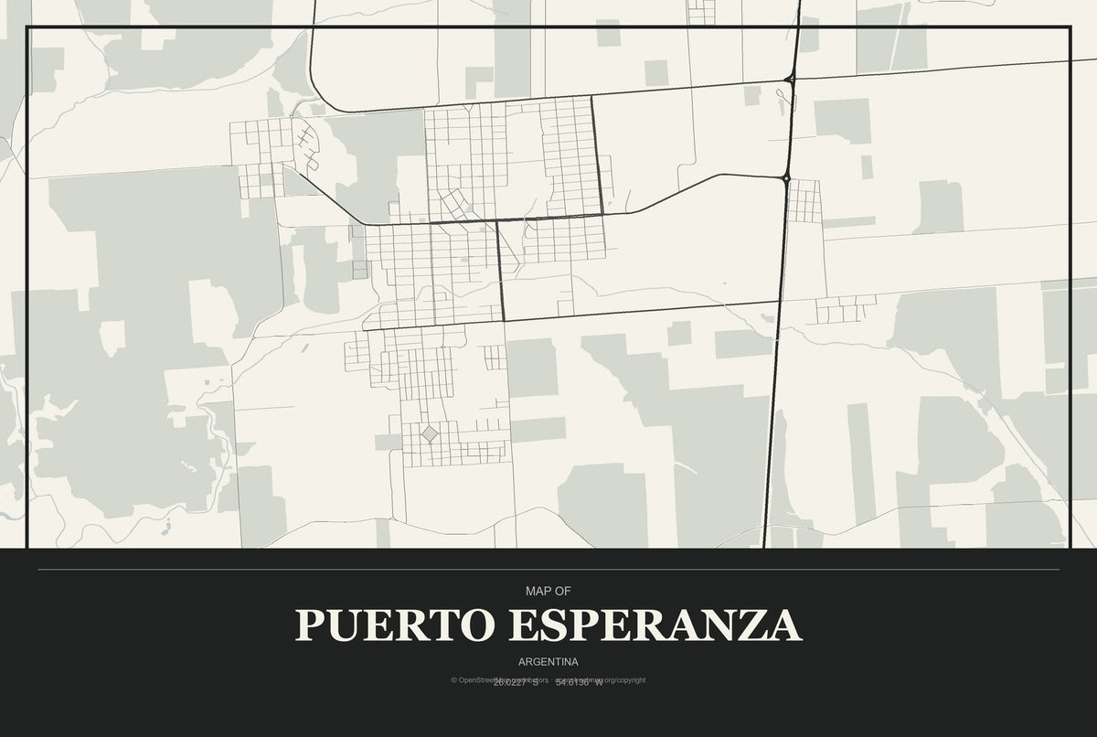 Puerto Esperanza, Argentina City Map Aluminum Sign in Museum Plaque style