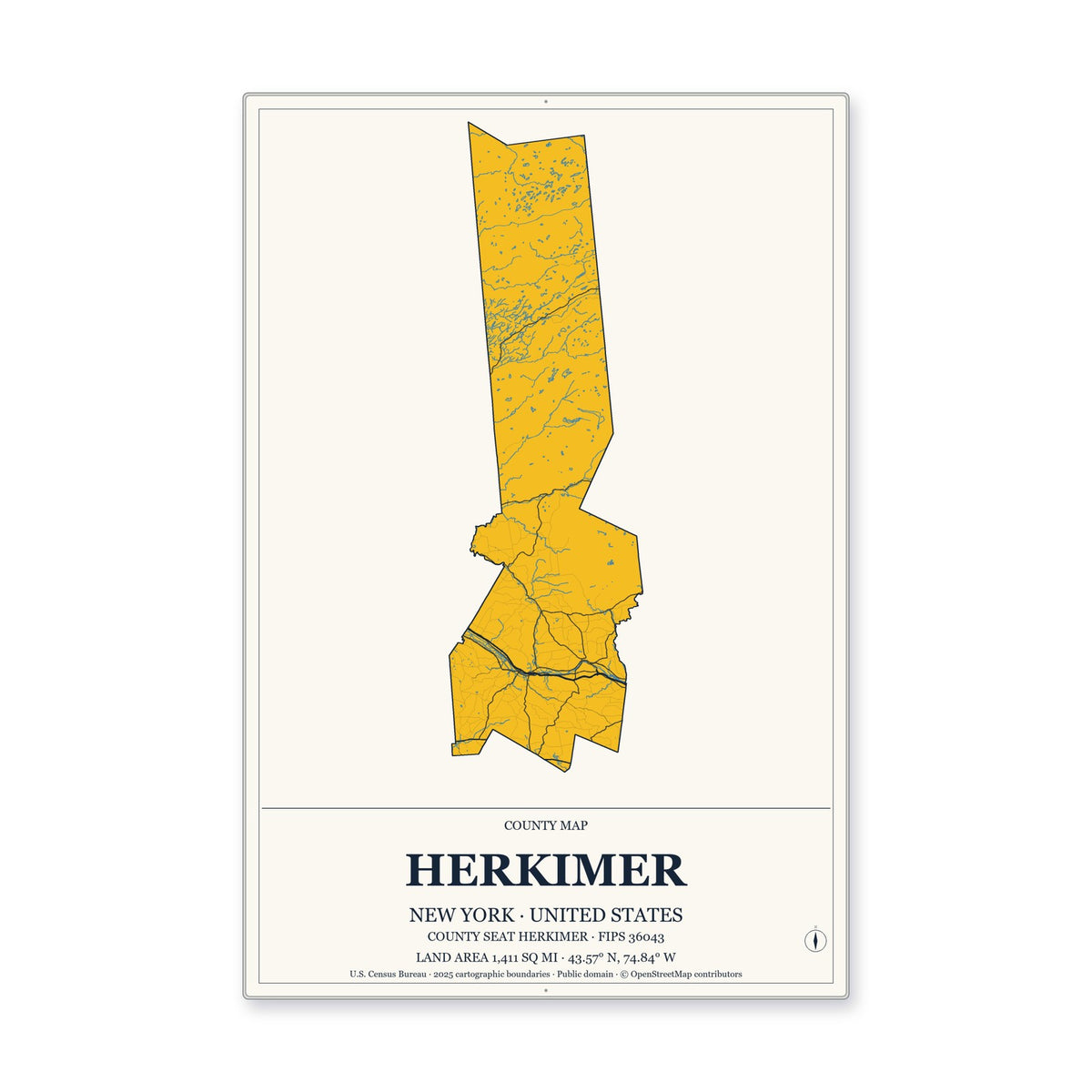Herkimer County, New York Map Aluminum Sign in Citrine Modern style
