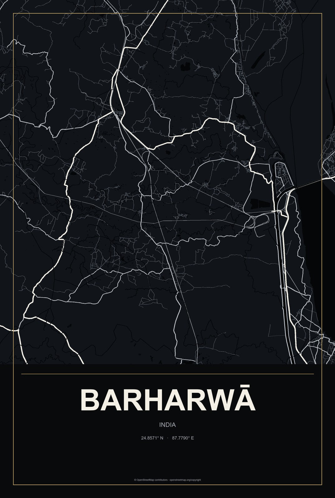 Barharwā, India City Map Aluminum Sign in Metropolitan Noir style