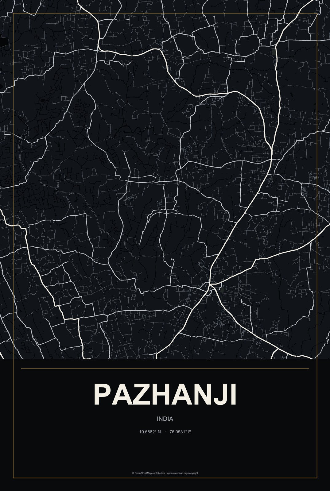 Pazhanji, India City Map Aluminum Sign in Metropolitan Noir style