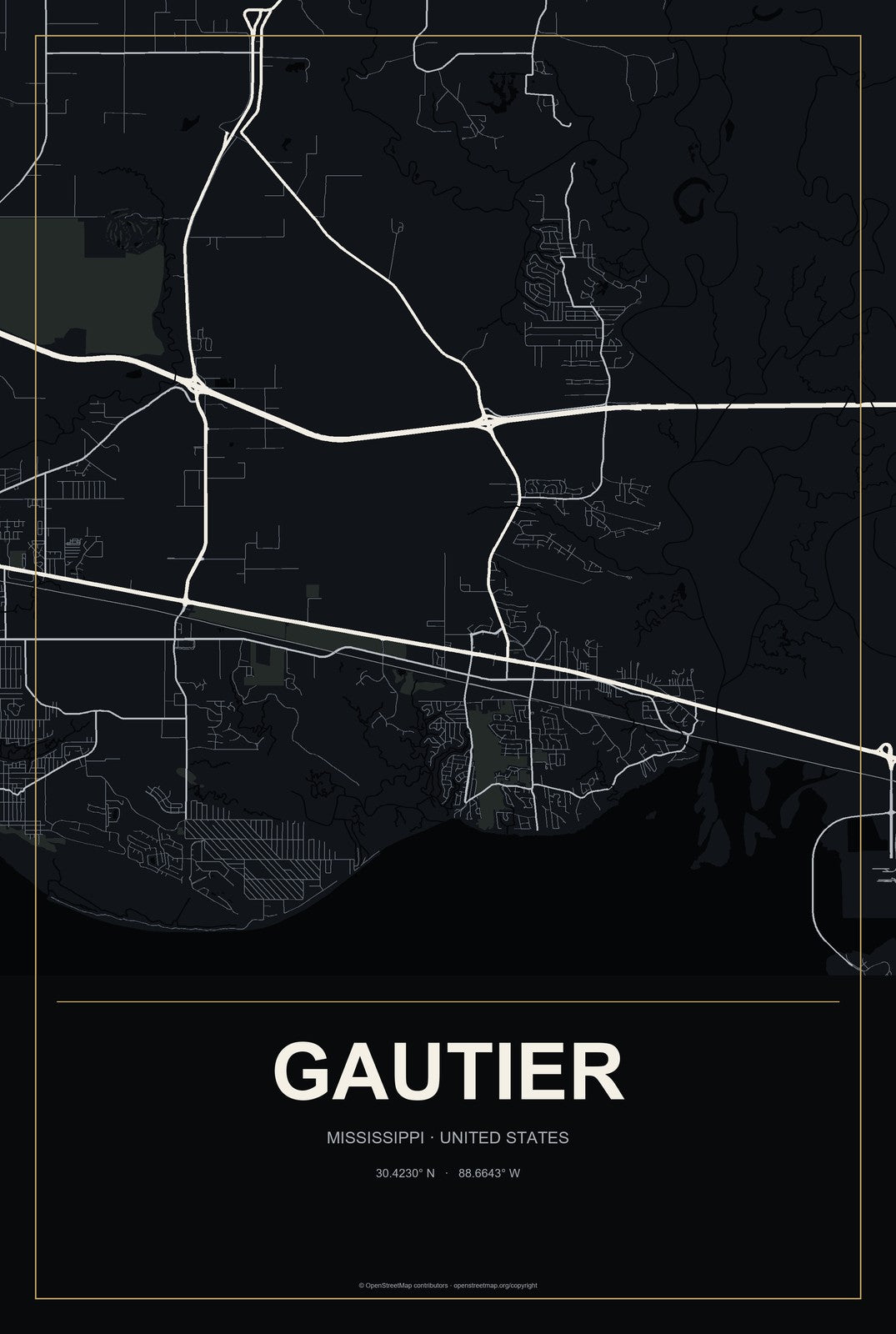 Gautier, Mississippi City Map Aluminum Sign in Metropolitan Noir style