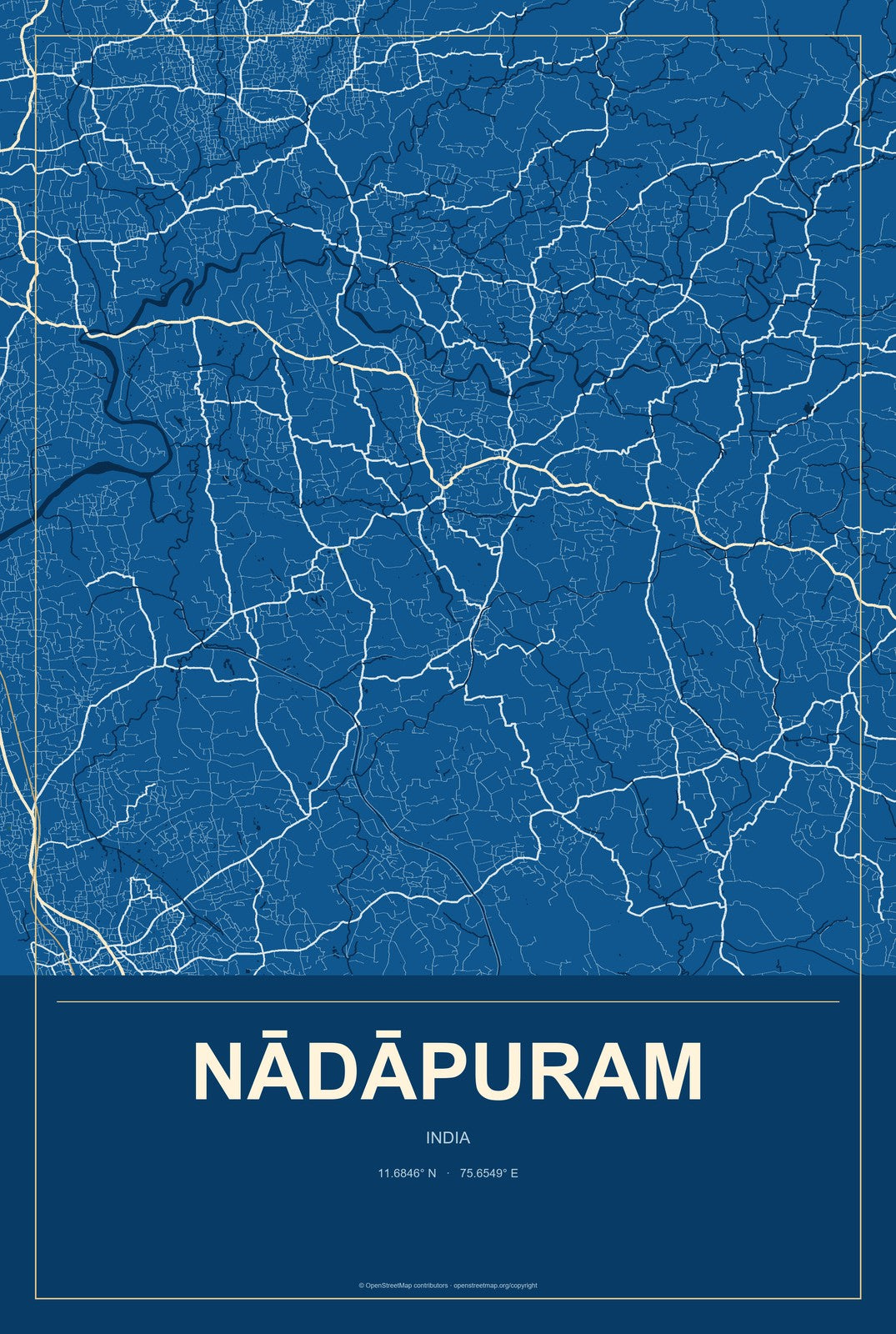 Nādāpuram, India City Map Aluminum Sign in Harbor Cobalt style