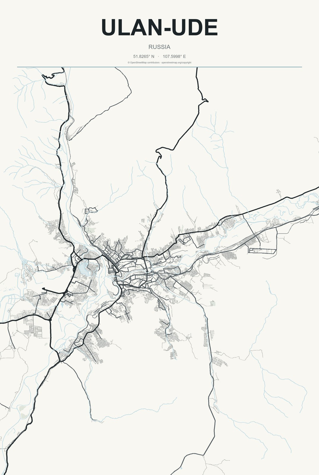 Ulan-Ude, Russia City Map Aluminum Sign in Headline Atlas style