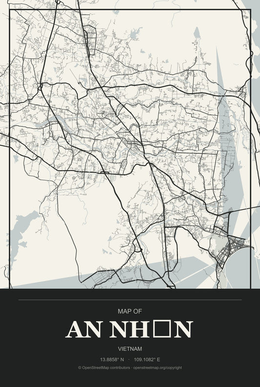 An Nhơn, Vietnam City Map Aluminum Sign in Museum Plaque style