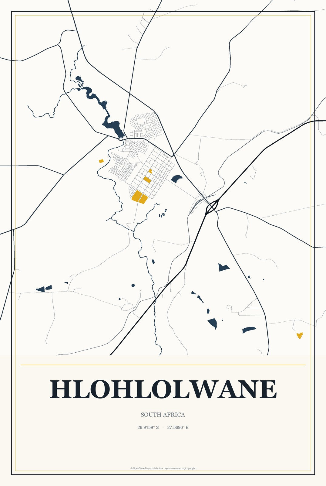 Hlohlolwane, South Africa City Map Aluminum Sign in Citrine Modern style